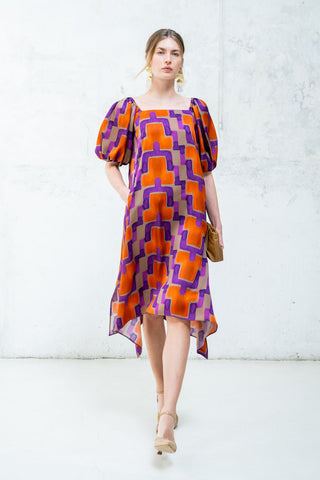 VESTIDO MANGAS ABULLONADAS NARANJA MORADO