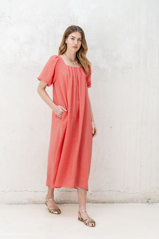 VESTIDO CORAL MANGA ABULLONADA